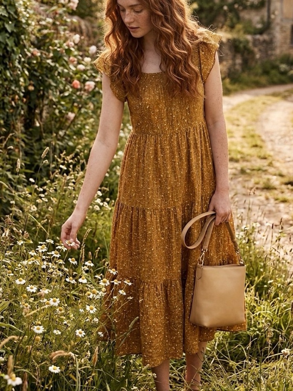 Madewell Mustard Floral Ruffle-Sleeve Tiered Maxi Dress